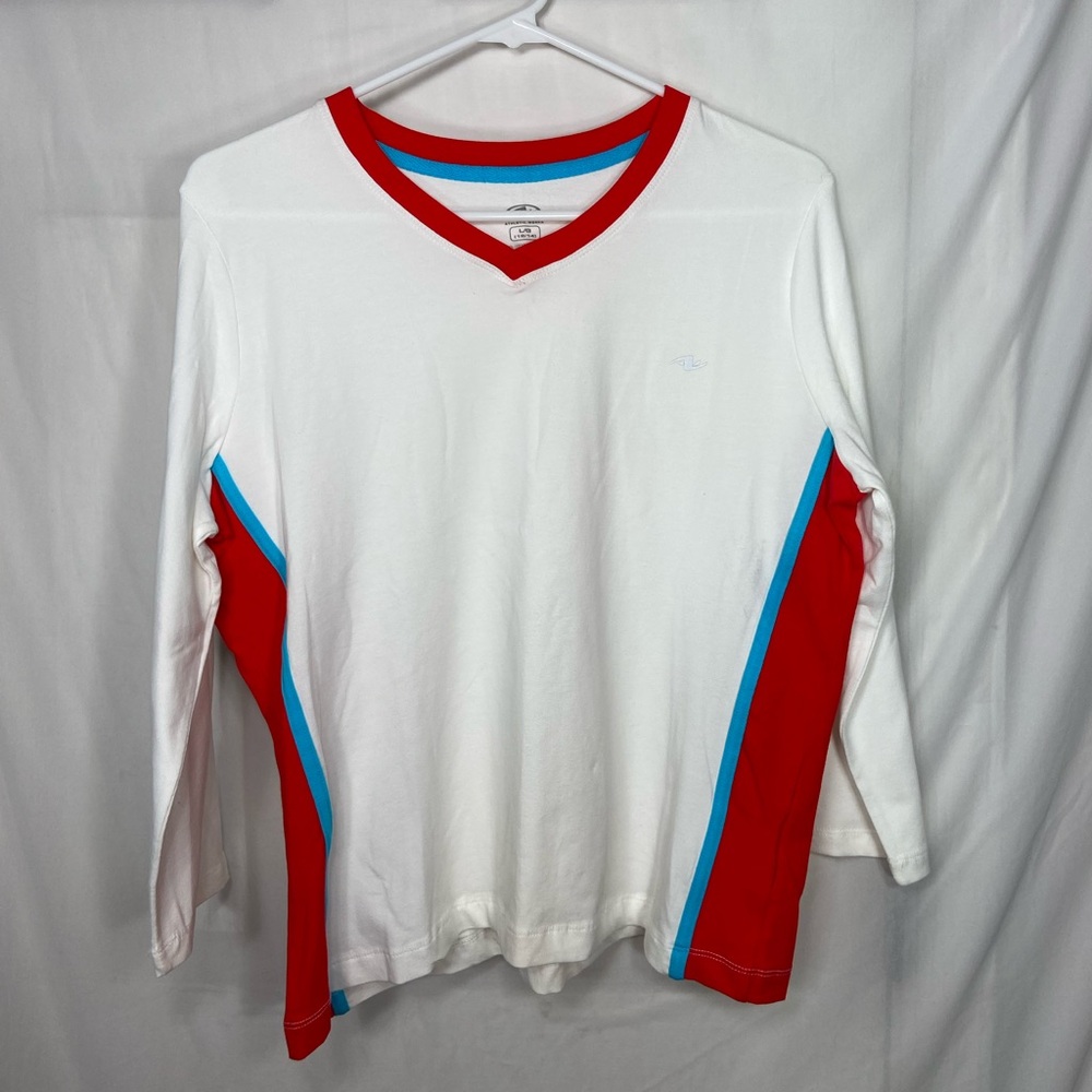 Athletic Works women’s white color stripe v-neck 3/4 sleeve active stretch shirt